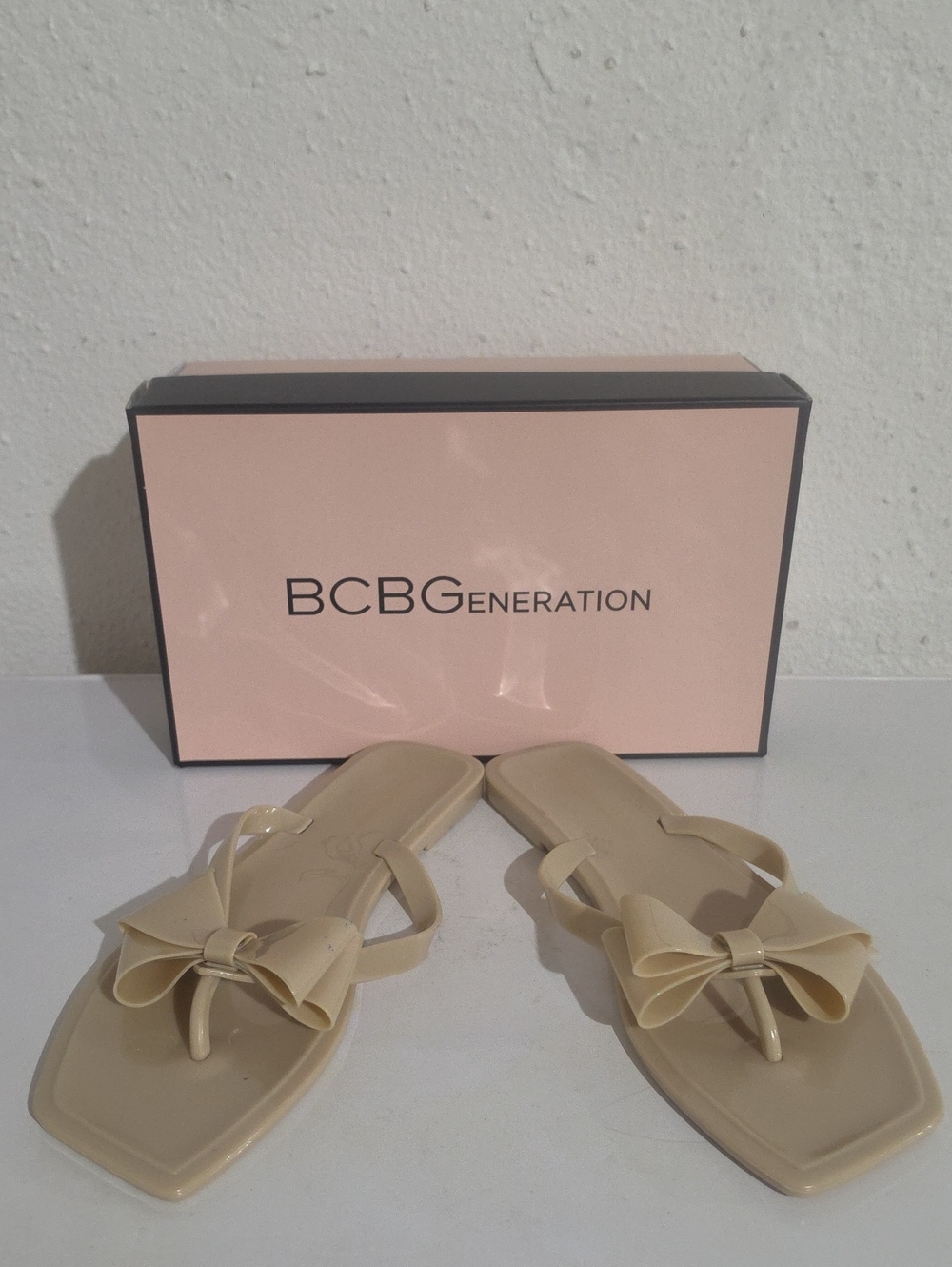 BCBGeneration Lima Beige Bow Square-Toe Flip Flop Sandals